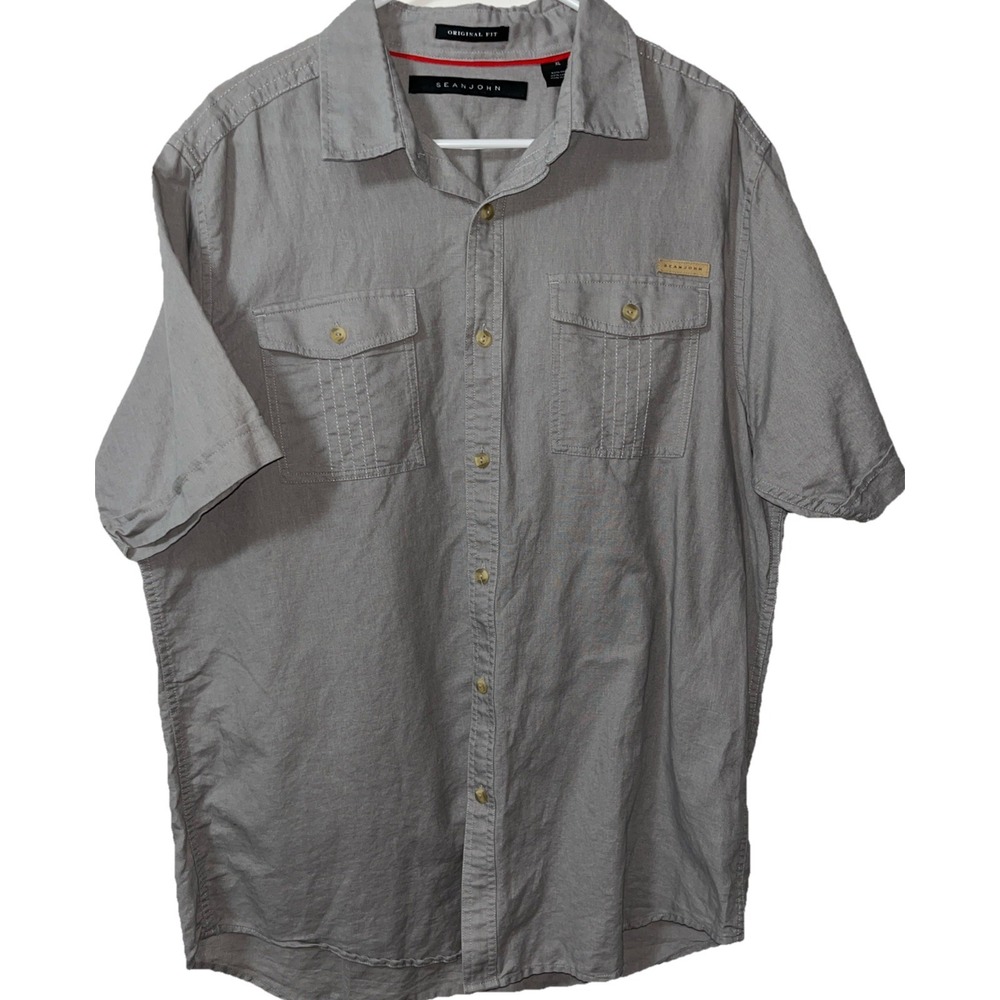 Sean John Mens Shirt XL Gray Original Fit Linen‎ Blend Short Sleeve Breathable